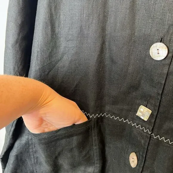 VTG Mureli Collection Women’s M Black Linen Hooded Lagenlook Artsy Jacket Art - Picture 6 of 14